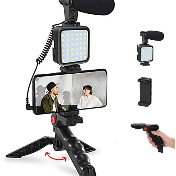 Vlogging Kit With Tripod Phone Holder Mini Microphone LED Fill Light Starter